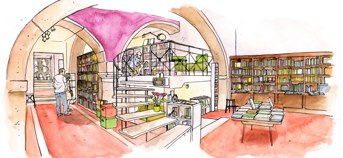 Ilustração da livraria Palavra de Viajante, com escadas de leitura, prateleiras cheias de livros e uma atmosfera acolhedora.