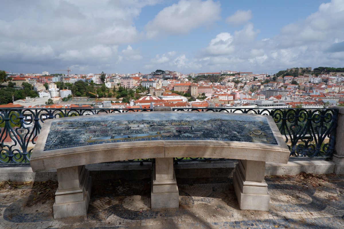 Vista de Lisboa a partir do Miradouro de São Pedro de Alcântara, junto ao painel de azulejos com a silhueta da cidade e a identificação dos lugares visíveis.